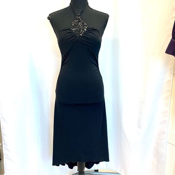 Black sequin halter top stretchy flowy evening cocktail dress Sz XS - Picture 14 of 14